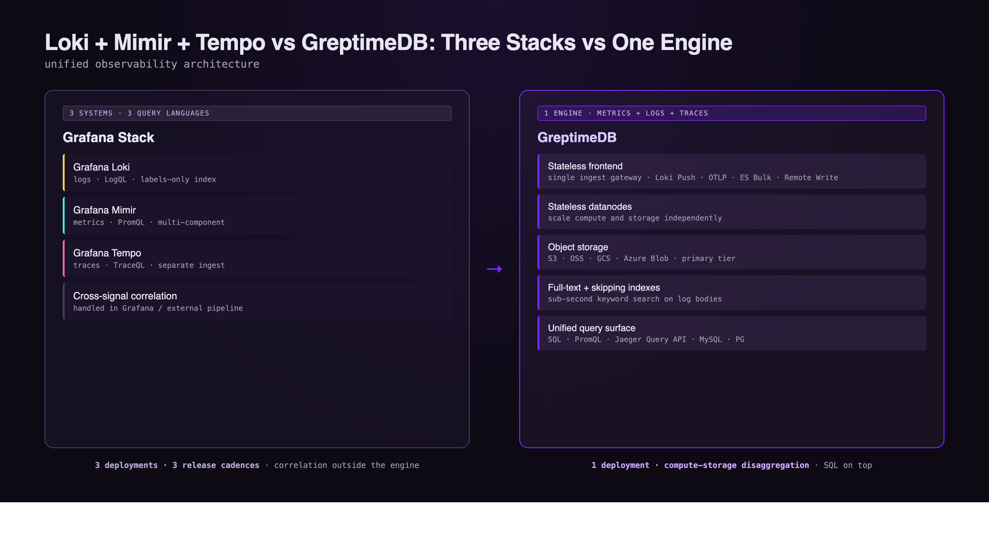 Loki + Mimir + Tempo stack versus GreptimeDB unified architecture