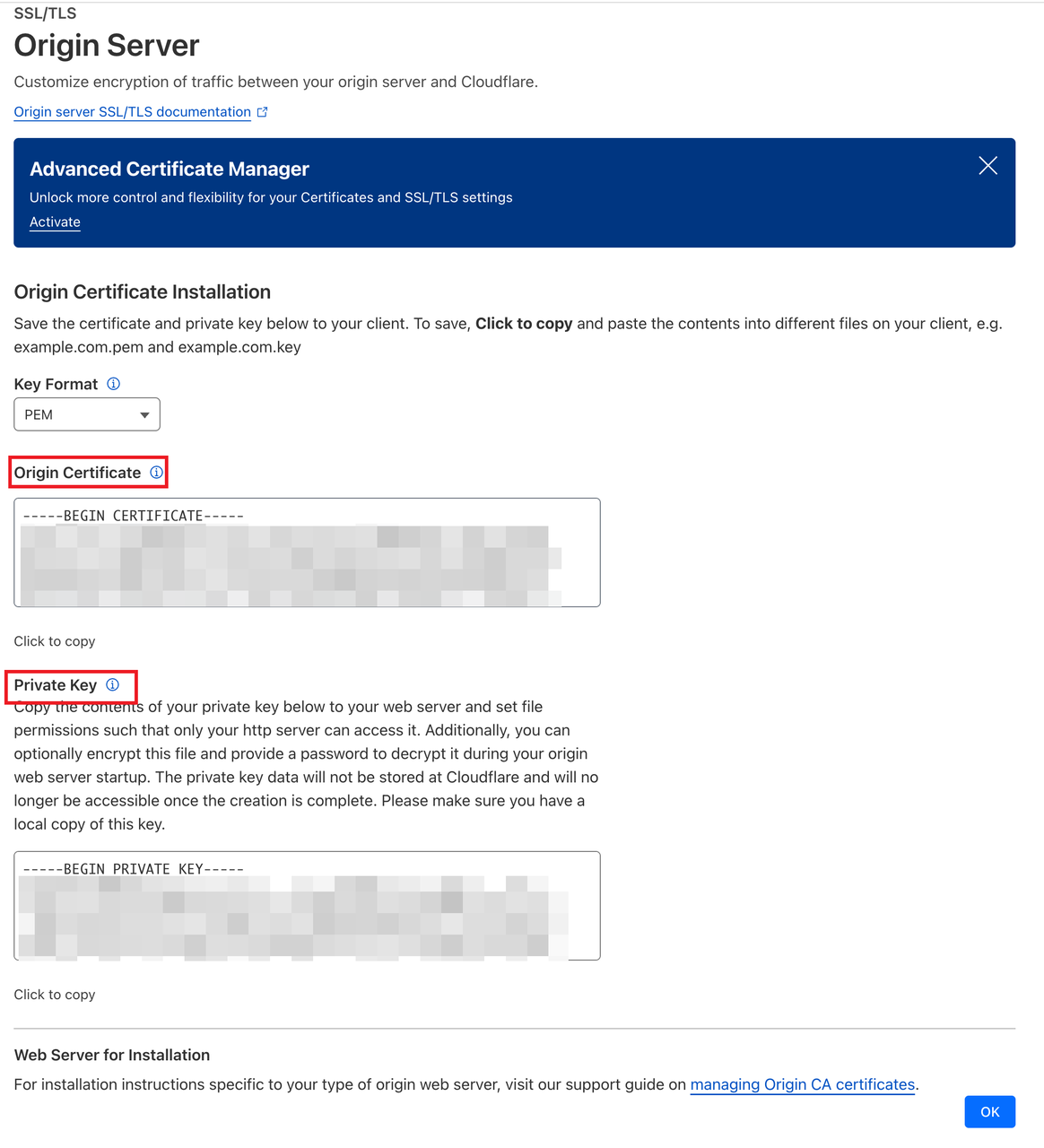 (图 7:CloudFlare 生成的证书和私钥)