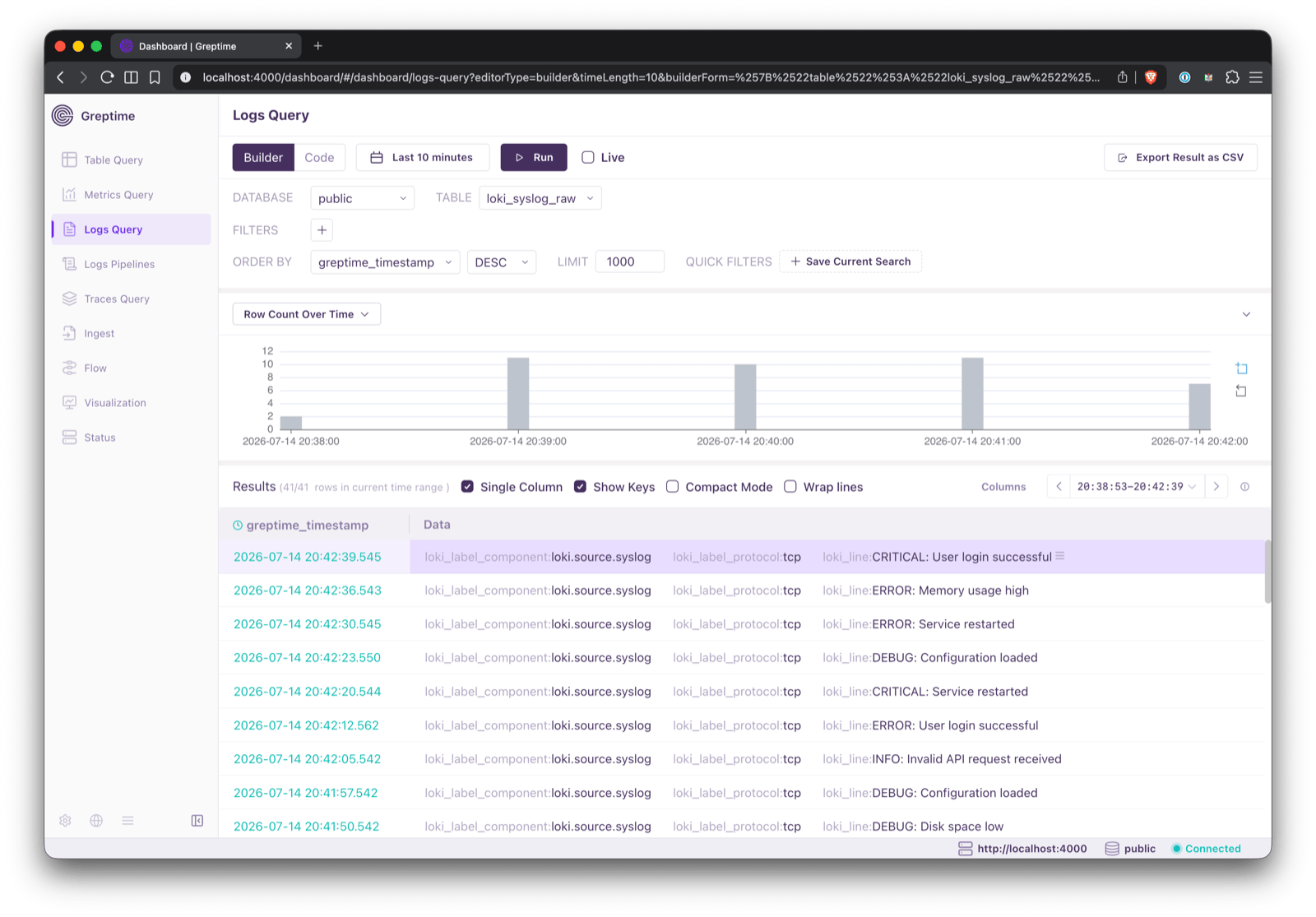在 Logs Query 中查看 loki_syslog_raw 表